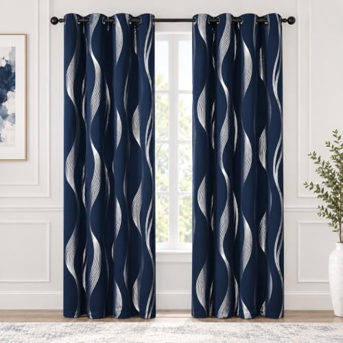 Deconovo Curtains for Living Room, Pattern Blackout Curtains 72 Inches Long - color: Silver Wave-navy Blue, size: 42"W x 72"L (Pack of 2)