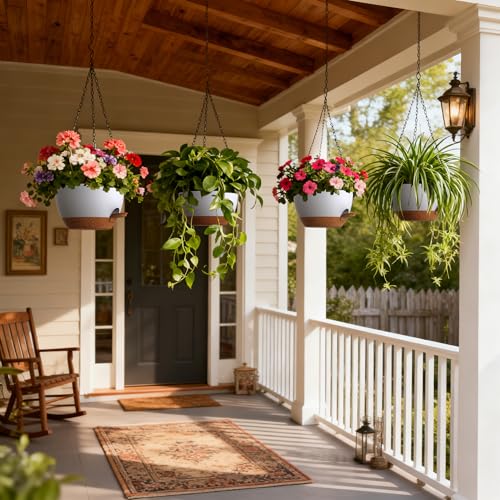 UOUZ 4 Pack 8 Inch Self Watering Hanging Planters for Indoor Outdoor Plants，Hanging Pots for Plants with Drainage Removable Tray, Hanging Baskets Flower Pots for Pothos Garden Porch White with Brown - color: White With Brown, size: 8inch-4pack