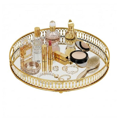 Serving Tray, Gold Perfume Tray 12.6"x1.6" Mirrored Vanity Tray Glass Metal Trinket Storage Tray Decorative Jewelry Tray for Dresser Bathroom Countertop (Round) - size: 12.6"