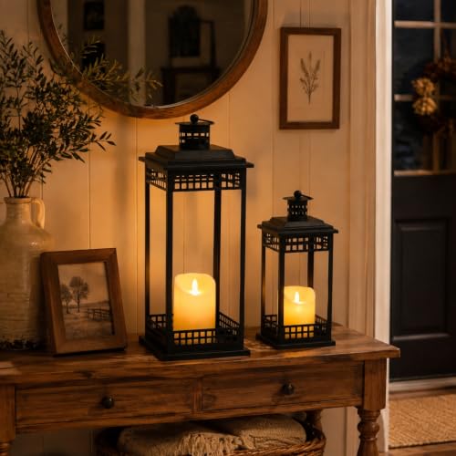 2 Pcs Decorative Lanterns Indoor, Black Lanterns with Candle for Home Decor - size: 17in and 11in