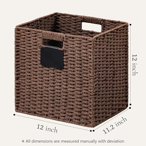 UBBCARE 2 Pack Wicker Basket, 12×12 Storage Cubes with Label, Foldable Cube Storage Bin with Handle, Square Storage Basket for Shelves, Woven Paper Rope Basket for Organizing, Brown - color: Brown, size: 2pack-12L×12H×11.2W