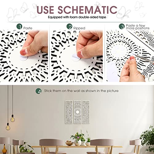 Blulu 3pcs Mandala Wall Art Carved Wood Wall Art Floral Aesthetic Wooden Plaque Set Wood Carving Decor Farmhouse Modern Cutout Plaque for Home Bathroom Decoration(15.8 x 5.1 Inch,White)