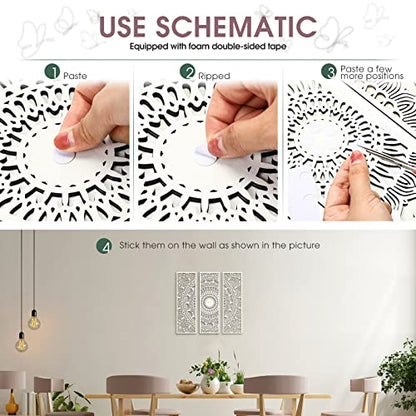 Blulu 3pcs Mandala Wall Art Carved Wood Wall Art Floral Aesthetic Wooden Plaque Set Wood Carving Decor Farmhouse Modern Cutout Plaque for Home Bathroom Decoration(15.8 x 5.1 Inch,White)