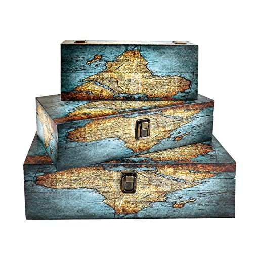 Jolitac Wood Storage Box Set of 3, Vintage Decorative Nesting Boxes Wooden Treasure Storage Crates With Latch, Home Decor Rustic Antique Boxes With Lid for Photos, Jewelry, Cash (Rectangle- Map) - color: Rectangle- Map