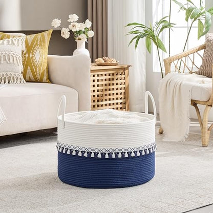 KAKAMAY Large Blanket Basket with Handles, Storage Basket for Living Room - color: Blue Fringe