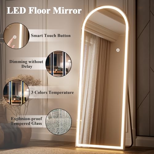 64"x21" Dimmable 3-Color Arched LED Full Length Floor Body Mirror - size: 64"L x 21"W