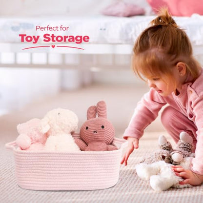 XUANGUO Medium Woven Cotton Rope Storage Basket with Handles, Light Pink - color: Light pink
