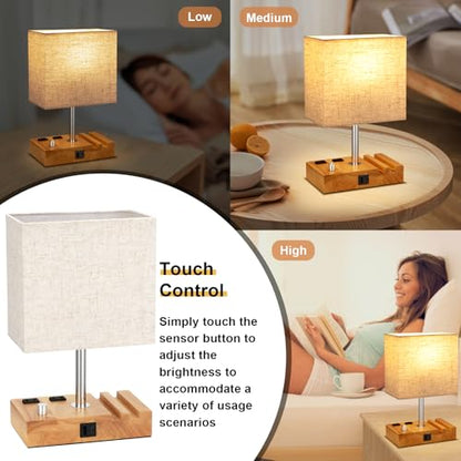 Wood Grain Table Lamp for Bedroom, Stepless Dimmable, USB C+A, 2 AC Outlets - color: Wood Grain with Knob Switch, size: 1 Pack