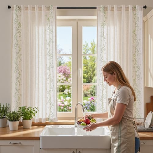 jinchan Floral Linen Curtains, Back Tab 50x63 Inch, 2 Panels Sage - color: Vine | Sage, size: 50"W x 63"L (Pack of 2)