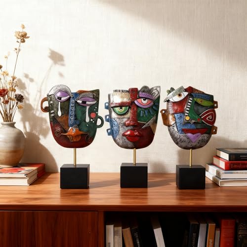 3PC Abstract Face Sculptures, Afrocentric Pop Art Decor, Modern Resin Statue Handcrafted Table Sculpture, Bookshelf Decor, TV Stand Ornaments, Artsy Coffee Table, Living Room Accent, Cabinet