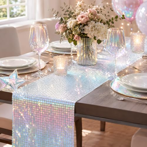 Disco Party Decorations - Iridescent Glitter Disco Table Runner - color: Iridescent Sequin Glitter