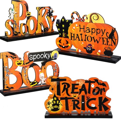 Blulu 4 Pcs Halloween Decor Indoor Wood Table Sign, Spooky - style: Spooky
