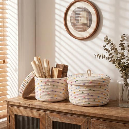Cotton Rope Basket with Lid Set of 2, Small Basket with Lid for Storage, Woven Basket with Lids 10x8 & 8x5.5 Inches, Storage Basket with Lids for Home Organization, Beige Rainbow Pompom Decorative Bin