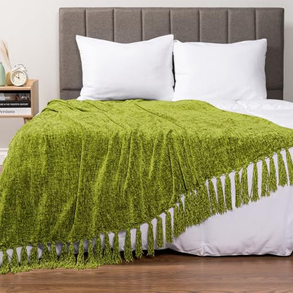 PAVILIA Chenille Throw Blanket, Knit Twin Size Tassel Throw, Olive 60x80 - color: Olive, size: 60 X 80 Inches - Twin