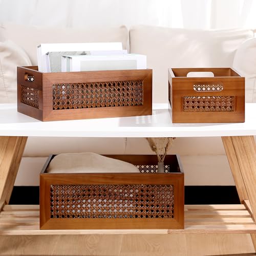 Rattan Wooden Box Set of 4 Handmade Decorative Storage Basket with Handles - color: Brown, size: 4 Set - Multiple Sizes