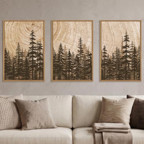 Celestdeco Rustic Pine Tree Forest Framed Canvas Wall Art Set-24"x36"x3 | Vintage Woodland Landscape Wall Decor,Retro Brown Art Prints,Natural Wood Ring Artwork for Living Room,Bedroom,Cabin,Office - color: Pine Tree Wall Art, size: 24"L x 36"W