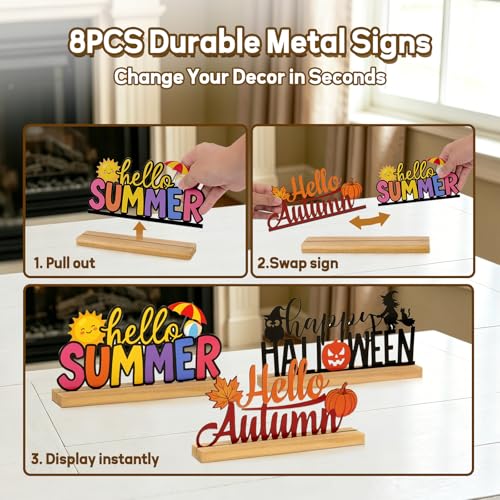 Interchangeable Seasonal Decor Metal Table Sign Set with Wooden Base