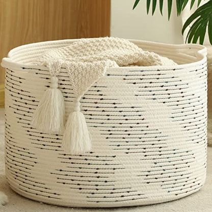 KAKAMAY Large Blanket Basket (20"x13"),Woven Baskets for storage Baby Laundry Hamper，Cotton Rope Blanket Basket for Living Room, Laundry, Nursery, Pillows, Off White with Blue & Brown Dotted Pattern - color: White Dot
