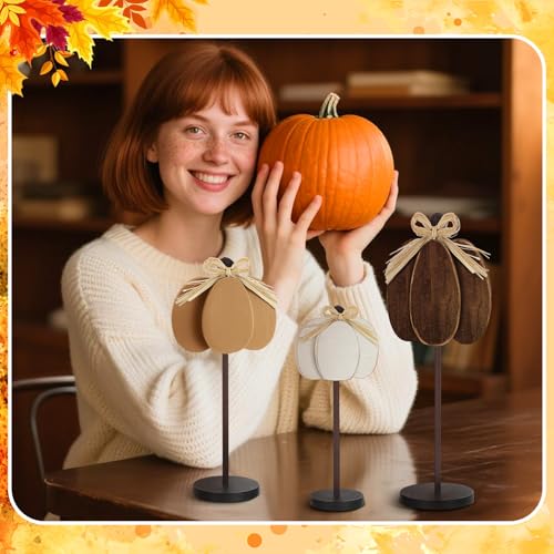 Thyle 3 Pcs Fall Pumpkin Decor, Wooden, Khaki,Grey,White - color: Khaki,grey,white