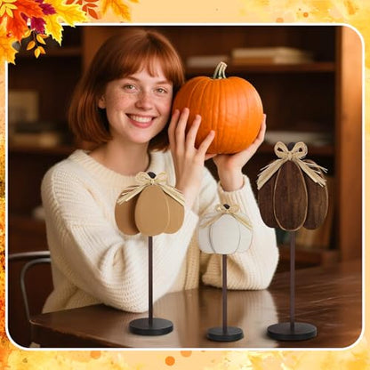 Thyle 3 Pcs Fall Pumpkin Decor, Wooden, Khaki,Grey,White - color: Khaki,grey,white