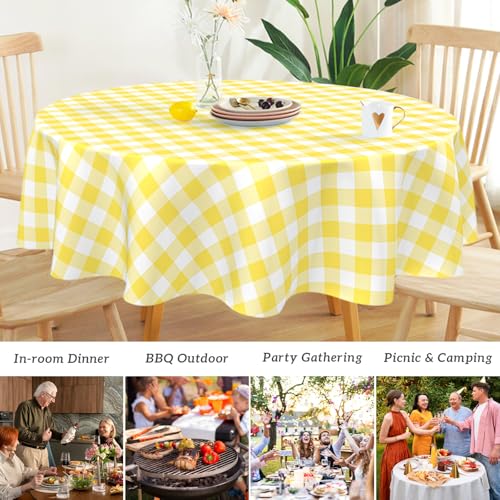 Mulbozy 2 Pcs Yellow Gingham Round Plastic Tablecloth Disposable, 84 inch - color: Checkered-yellow, size: 84" Round