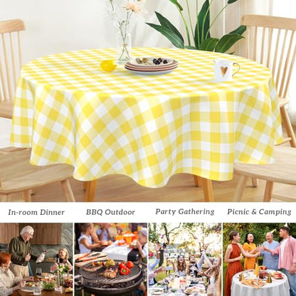 Mulbozy 2 Pcs Yellow Gingham Round Plastic Tablecloth Disposable, 84 inch - color: Checkered-yellow, size: 84" Round