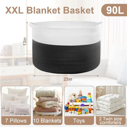 90L Large Blanket Basket Storage with Handles - White & Black - color: Black & White, size: 90L
