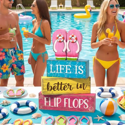 Yuntau 4 Pcs Summer Flip Flop Decor Wooden Beach Table Centerpiece Sign - style: Pink Flip Flops