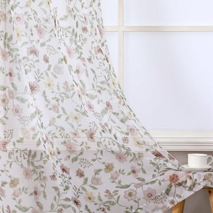 OWENIE Dusty Pink Watercolor Floral Printed Sheer Curtains 84 Inches Long - size: 40"W x 84"L (Pack of 2)