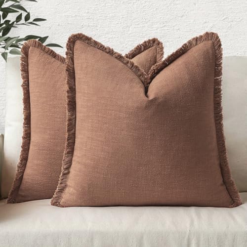 MIULEE Boho Linen Fringe Decorative Fall Throw Pillow Covers Brick 16x16 - color: Brick, size: 16" x 16" (Pack of 2)