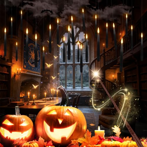 24 Floating Flameless Candles with Wands, Halloween Hanging Decor - color: Black-24Pack