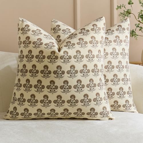 Vintage Floral Pillow Covers 20x20 Set of 2 Farmhouse Block Print Decorative Throw Pillow Covers Rustic Cushion Covers Neutral Accent Couch Pillows for Living Room Sofa Bed Decor Dusty Brown - color: Vintage Brown, size: 20" x 20" (Pack of 2)