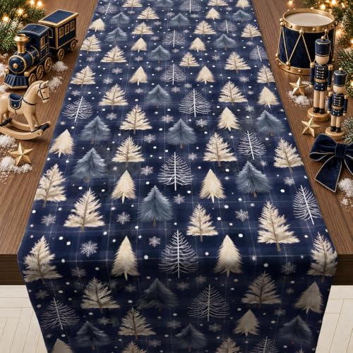 Christmas Decorations - Navy Blue Xmas Tree Snowflake Winter Table Runner - color: Xmas Tree Snowflake