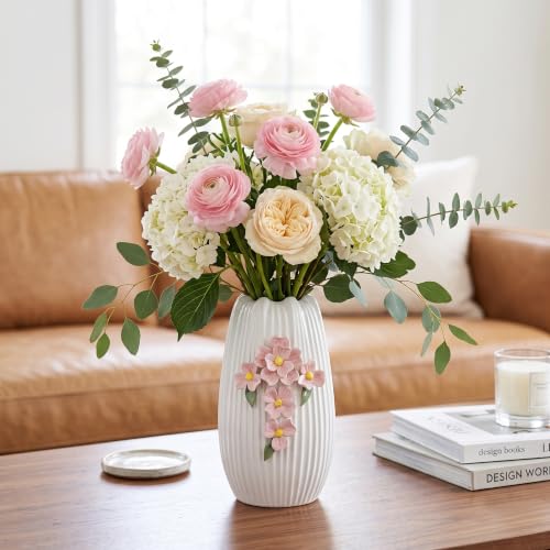Ceramic Flower Vase,White Modern Vase for Pampas Grass, 9 Inch - color: White and Pink, size: 9 inch