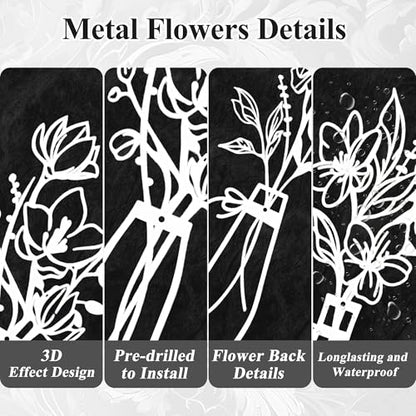Embewhis Wall Decor Metal Flowers 3pcs, Rustic Farmhouse Flower Sculptures, 13.7" Wall Art Decor, Drill-Free Install Option for Living Room, Kitchen, Bedroom & Bathroom - size: J