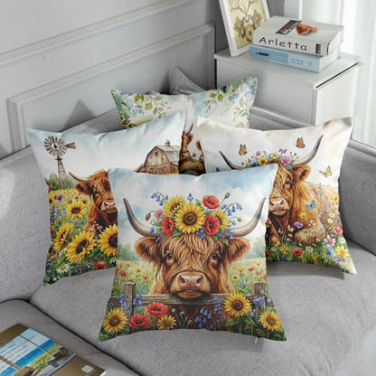 Throw Pillow Covers, Rustic Floral, Set of 4, 18"x18" - color: Highland Cow 3