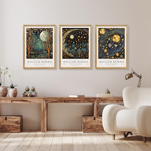 Hianan Wood Framed William Morris Moon Star Wall Art Set of 3, 12x16 in - color: Dark Blue,Gold(Wood), size: 16"L x 12"W