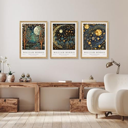 Hianan Wood Framed William Morris Moon Star Wall Art Set of 3, 12x16 in - color: Dark Blue,Gold(Wood), size: 16"L x 12"W