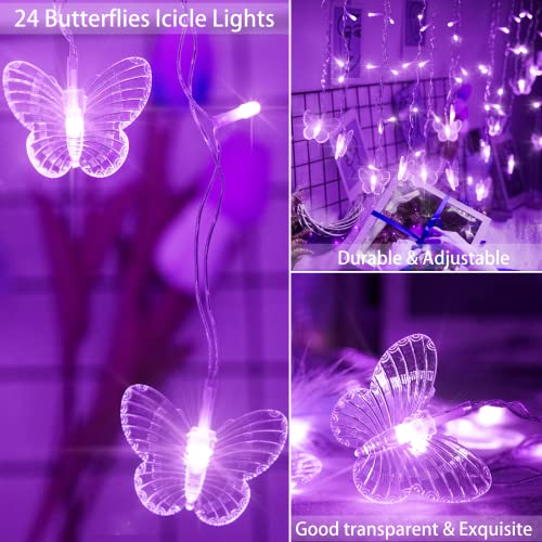 Purple Butterfly Curtain Fairy Lights USB Plug in,120 LED 8 Modes 20FT Firefly Twinkle Icicle String Lights with Remote Timer Waterproof for Halloween Bedroom Christmas Wedding Party Dorm - color: Purple