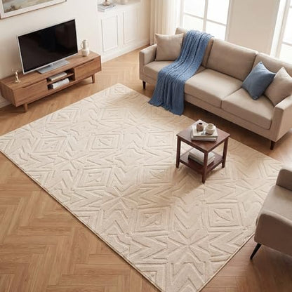 Carvapet Washable 6x9 Area Rug Beige Modern High Low Pile Carpet - color: Geometric Beige, size: 6' x 9' Rectangular