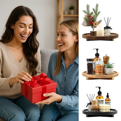 Round Wood Riser Bathroom Sink Tray for Kitchen Counter Vanity Perfume Tray - color: Black, size: 12"