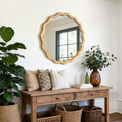 AMOISE Round Wavy Wall Mirror, 24" Circle Boho Scalloped Mirror - size: 24"L x 24"W
