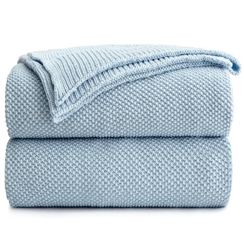 Longhui bedding 100% Cotton Light Blue Lightweight Cable Knit Throw Blanket for Couch Sofa Bed Home Décor Bonus Laundering Bag – Large 60 x 80 Inch, Machine Washable, Blue Color - color: Light Blue, size: 60"x80"