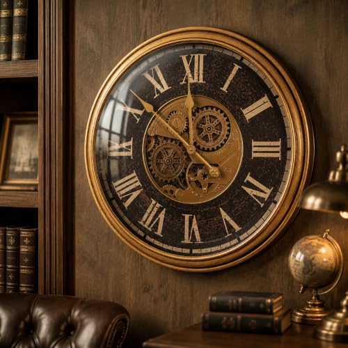 Large Real Moving Gears Wall Clock 24 Inch,Roman Antique Brass Brown - color: 24 Inch Roman Antique Brass Brown