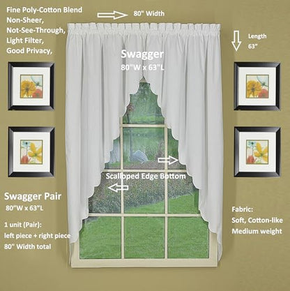 Today's Curtain, Orleans Scallop Curtain, White 63" Swagger Pair, 80" W x 63" L, White - color: White, size: 80"W x 63"L (Pack of 1)