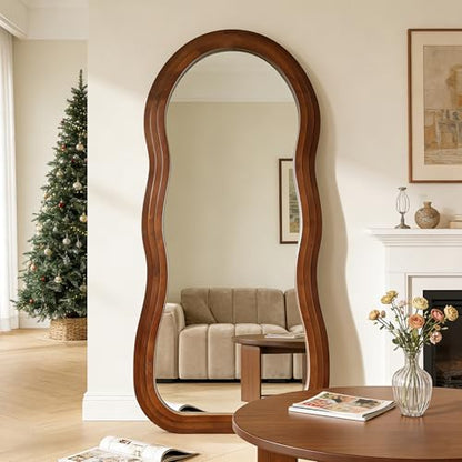67"x31.5" Wavy Full Length Mirror with 3-Layer Solid Wood Frame - color: Walnut Wavy Frame, size: 67"L x 31.5"W