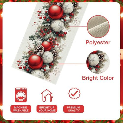 Christmas Table Runner 13 x 72 Inch, Holiday Table Decor with Christmas Ball & Pinecone Design - color: Christmas-001