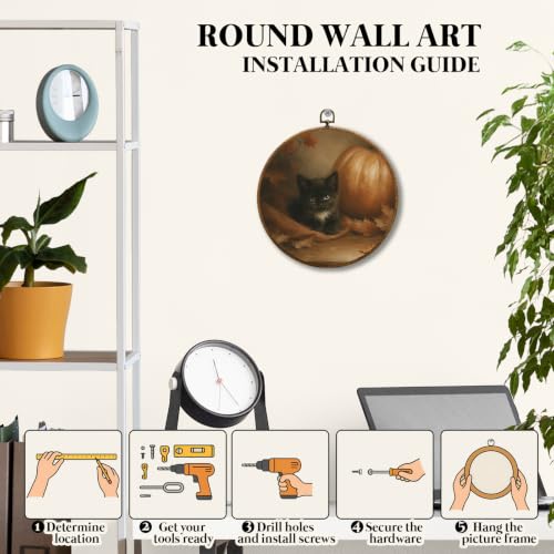 JUIOEIU Fall Black Cat Pumpkin Maple Leaf Round Wall Decor 10x10in 991 - color: Black Cat Pumpkin