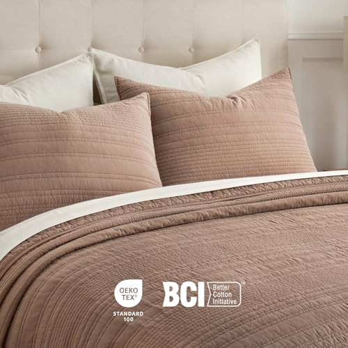 EVERGRACEHOME 100% Cotton Modern Lines Quilt Set Queen Size, Rose Dust - color: Rose Dust, size: Full/Queen (92" X 92")