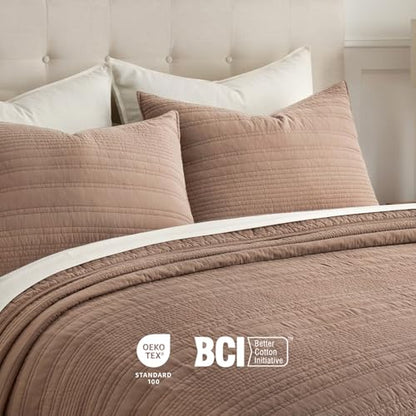 EVERGRACEHOME 100% Cotton Modern Lines Quilt Set Queen Size, Rose Dust - color: Rose Dust, size: Full/Queen (92" X 92")